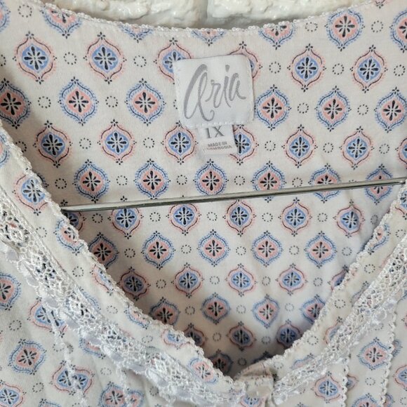 Aria Womens Nightgown 1X Plus Short Blue Geometric Lace Trim GEO234E - Picture 8 of 10